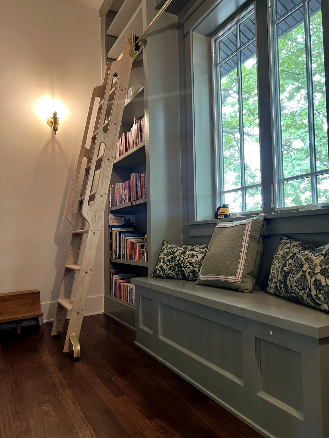 Library with built-in cabinetry and ladder